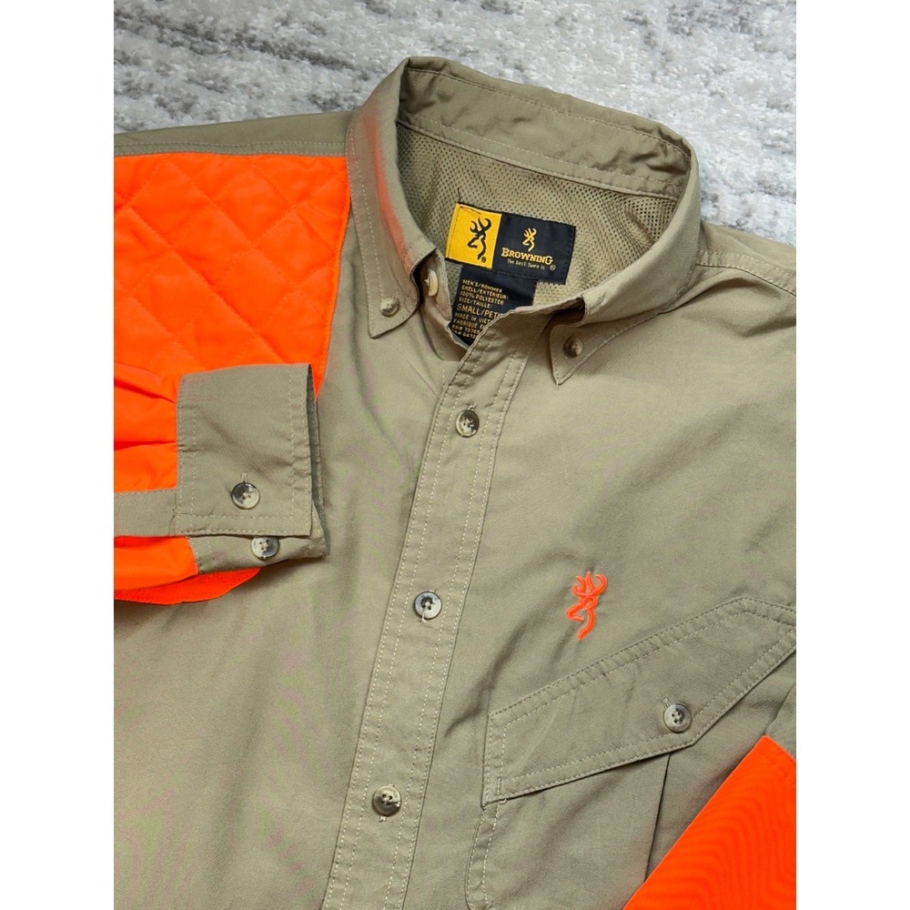 Browning Shooting Shirt Mens Small Orange Quilted Shoulder Venting Long Sleeve